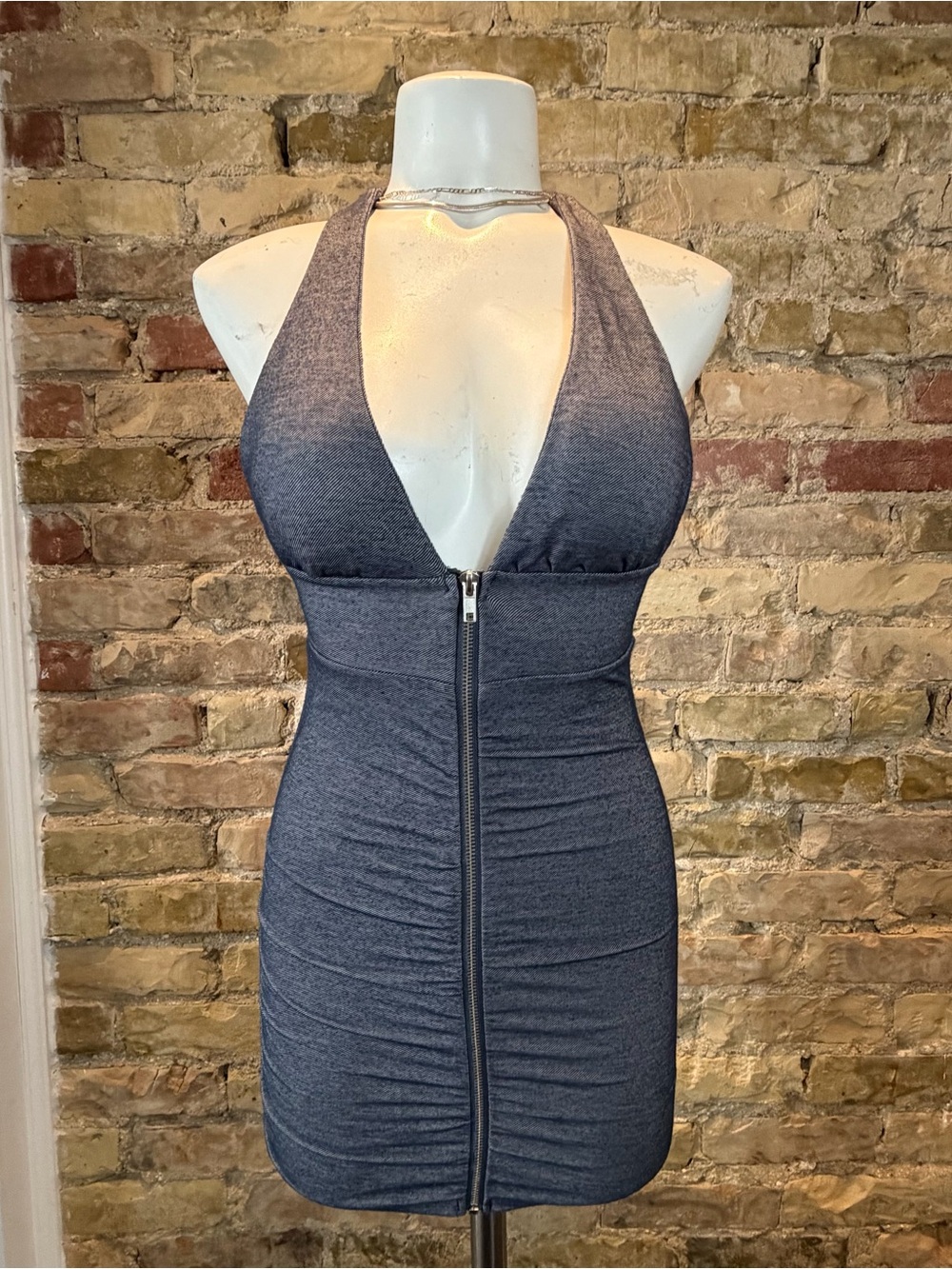 Halter Deep V Front-Zip Bodycon Dress in Charcoal denim print